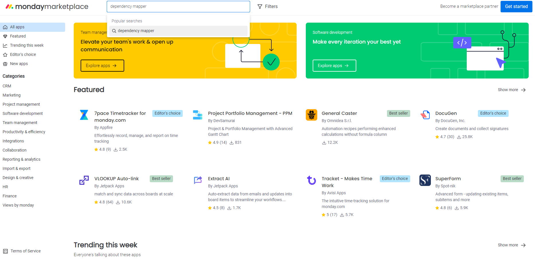 how to search for dependency mapper in monday.com marketplace